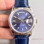 Rolex SS Day Date Oyster Watch Blue Dial Blue Leather Replica